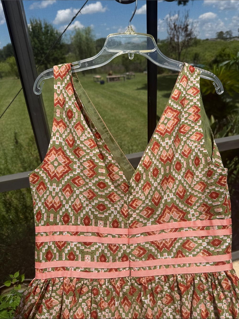 Signature by Robbie Bee cotton Coral, Olive and Pink Geometric Midi Dress - Picture 3 of 5